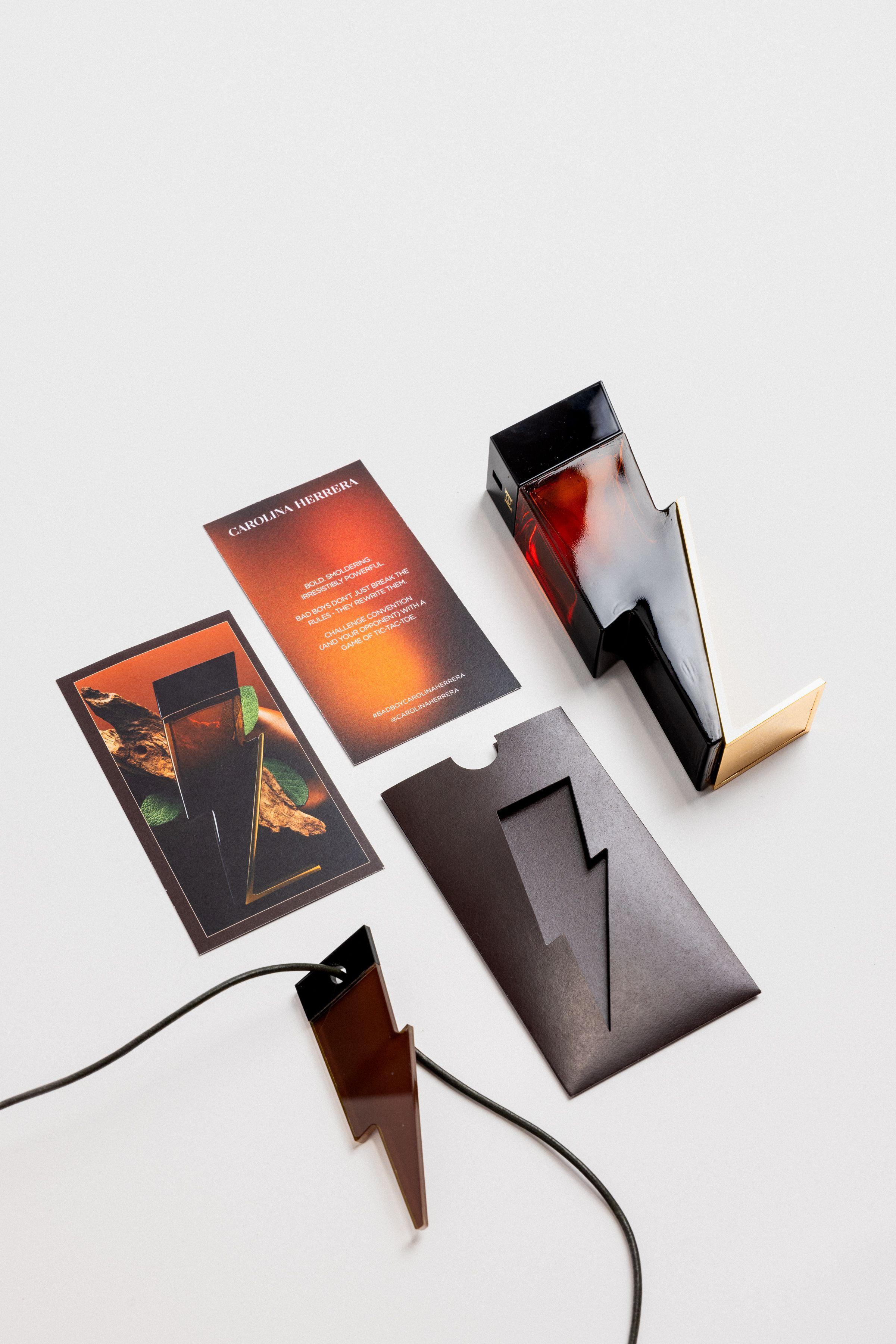 Carolina Hererra Bad Boy Fragrance wooden box with tic tac toe game set