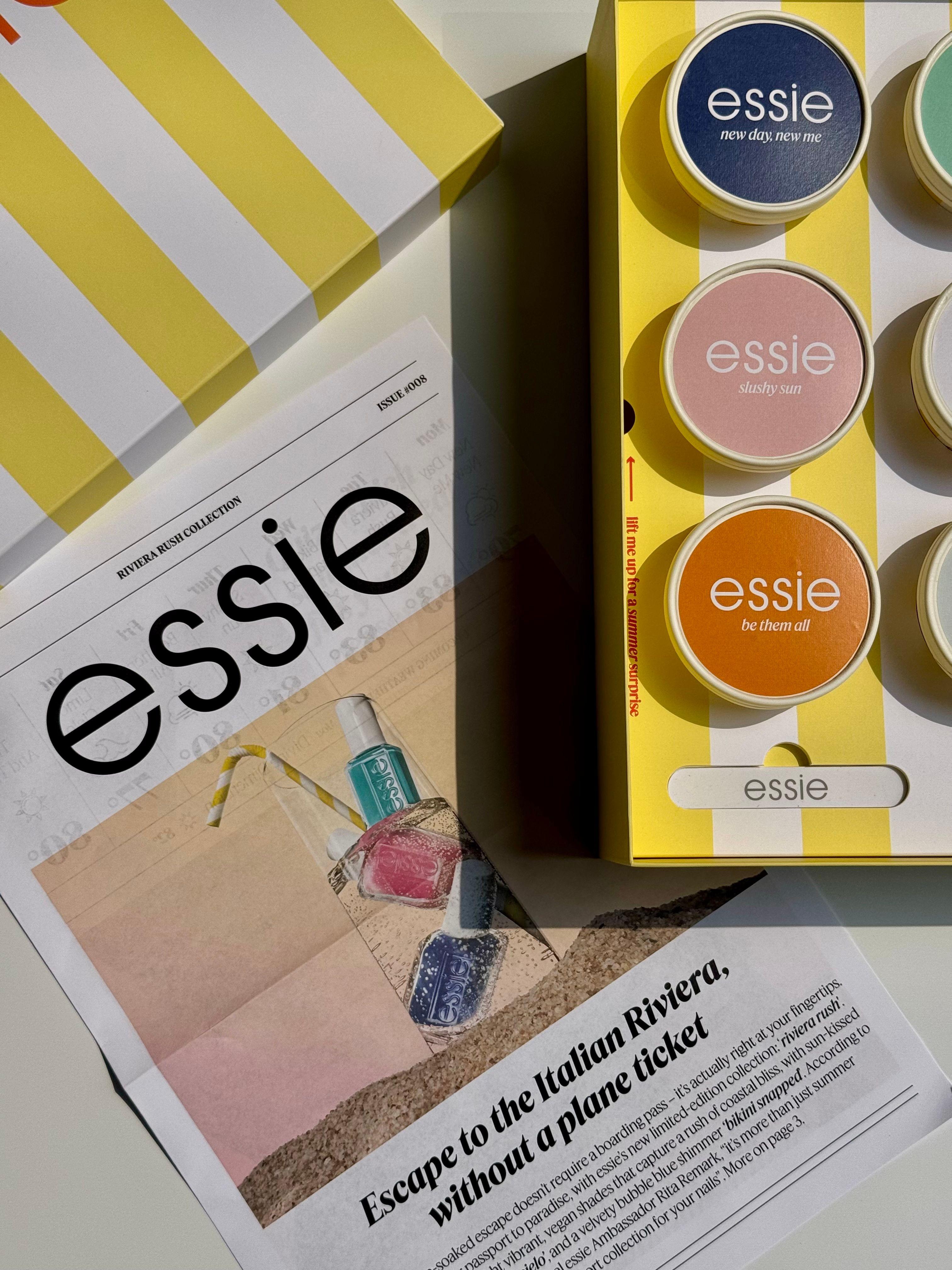 Essie summer Riviera Rush nail polish collection within ice cream boxes with backgammon set and branded newspaper