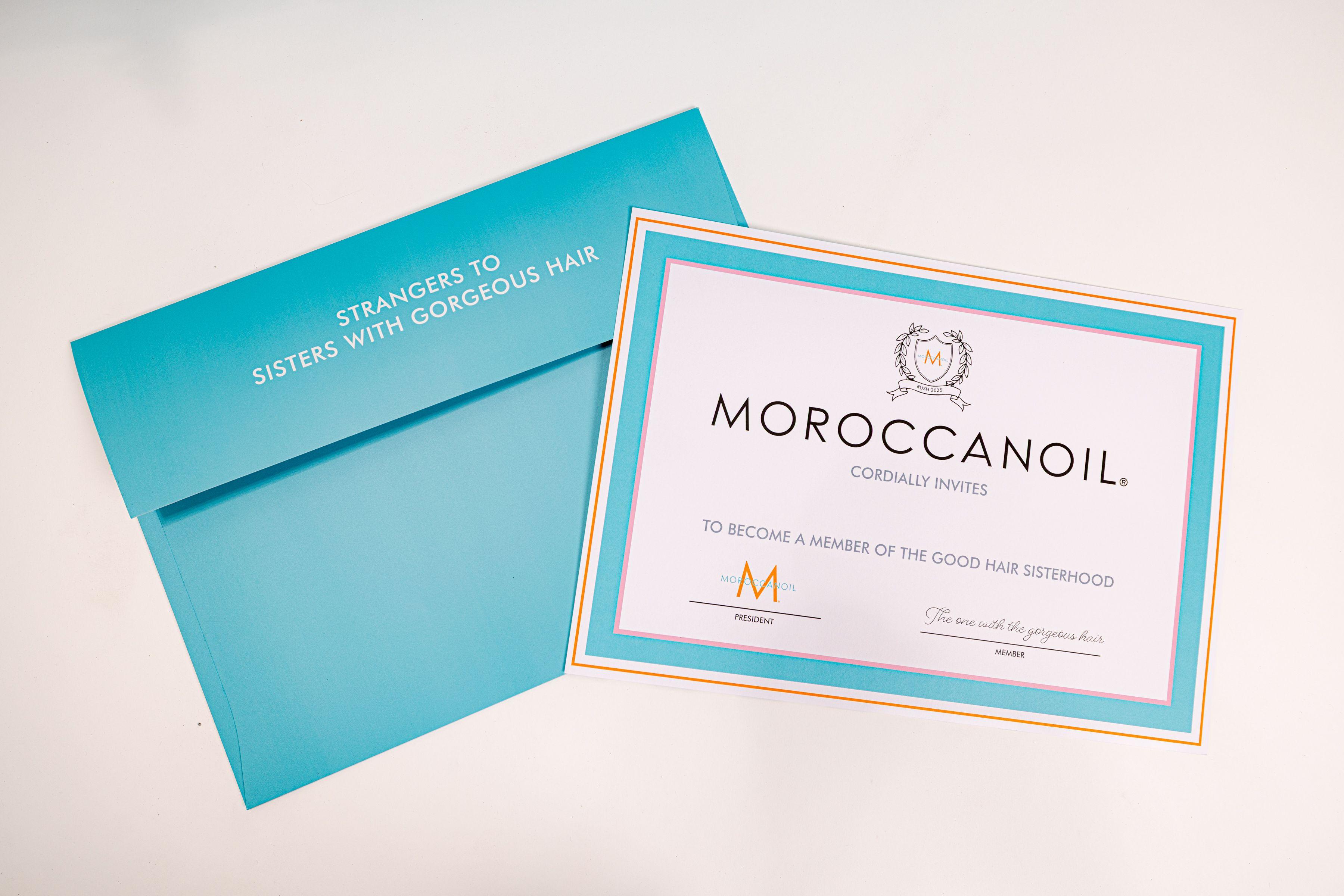 Moroccan Oil turquoise blue trunk with product for sorority rush campaign