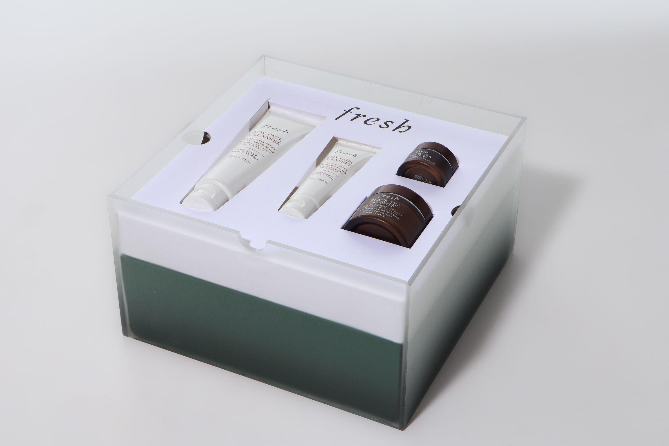 Fresh Beauty Soy Cleanser PR Mailer frosted gradient box with product fitments