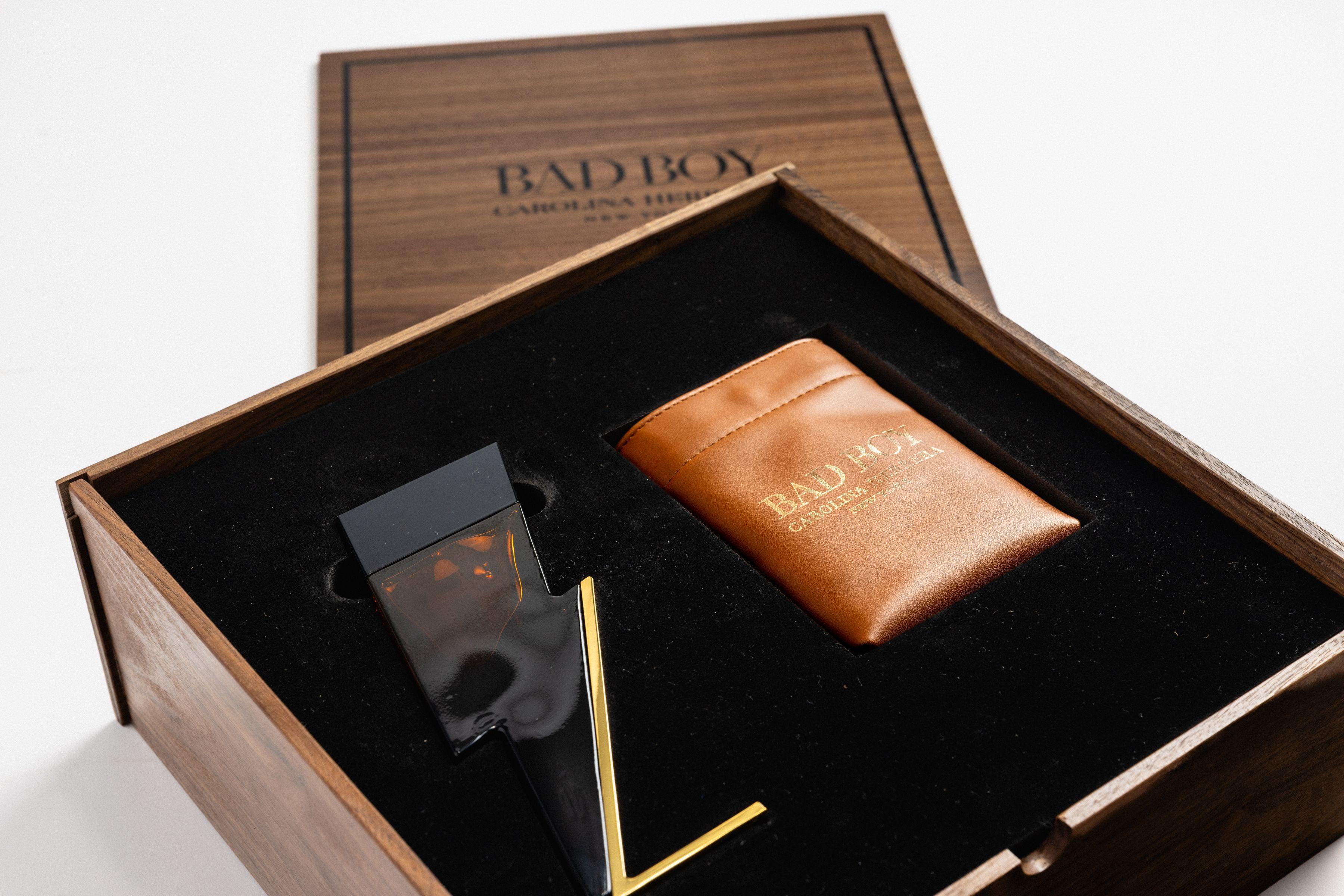 Carolina Hererra Bad Boy Fragrance wooden box with tic tac toe game set