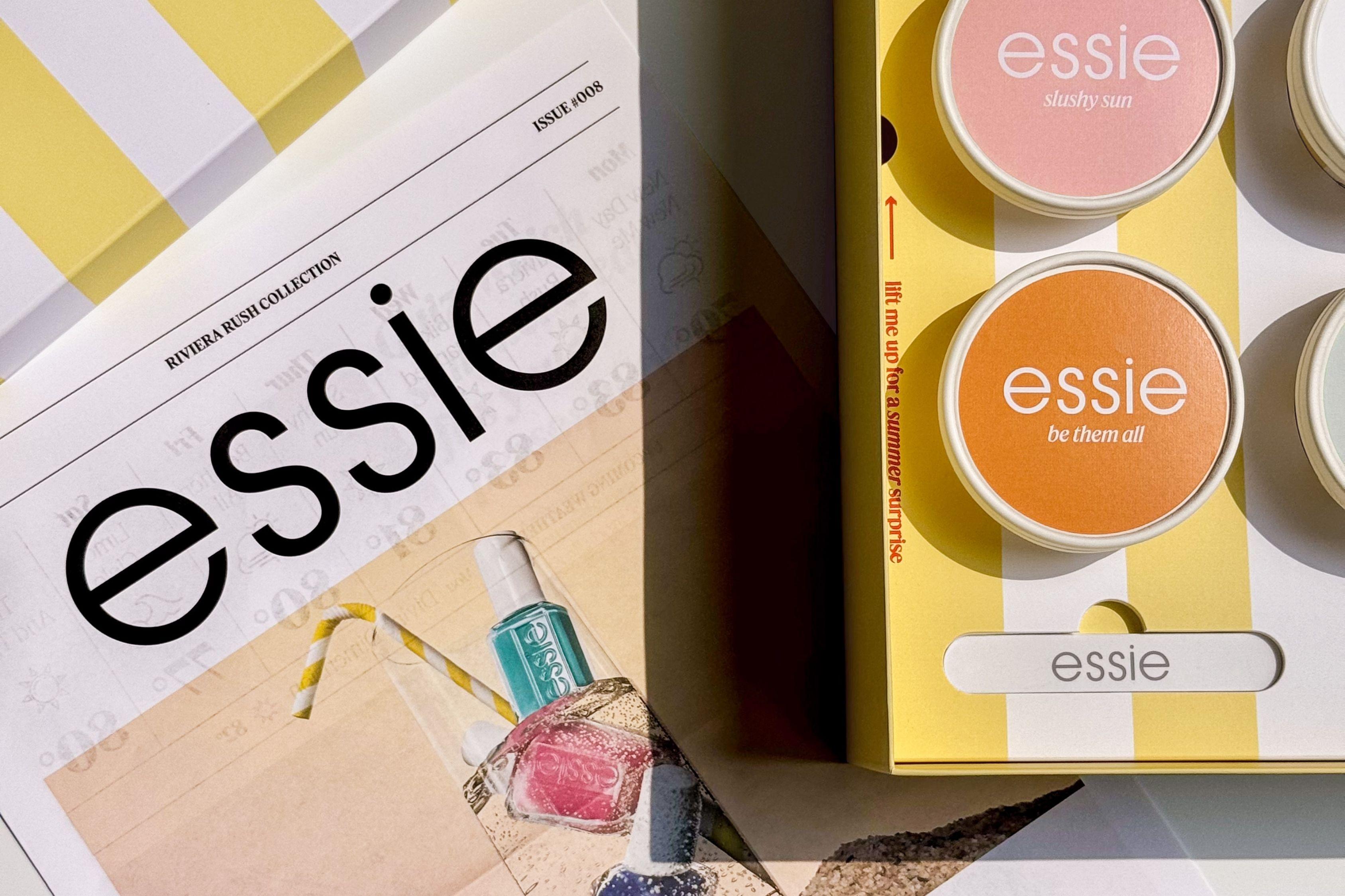 Essie summer Riviera Rush nail polish collection within ice cream boxes with backgammon set and branded newspaper